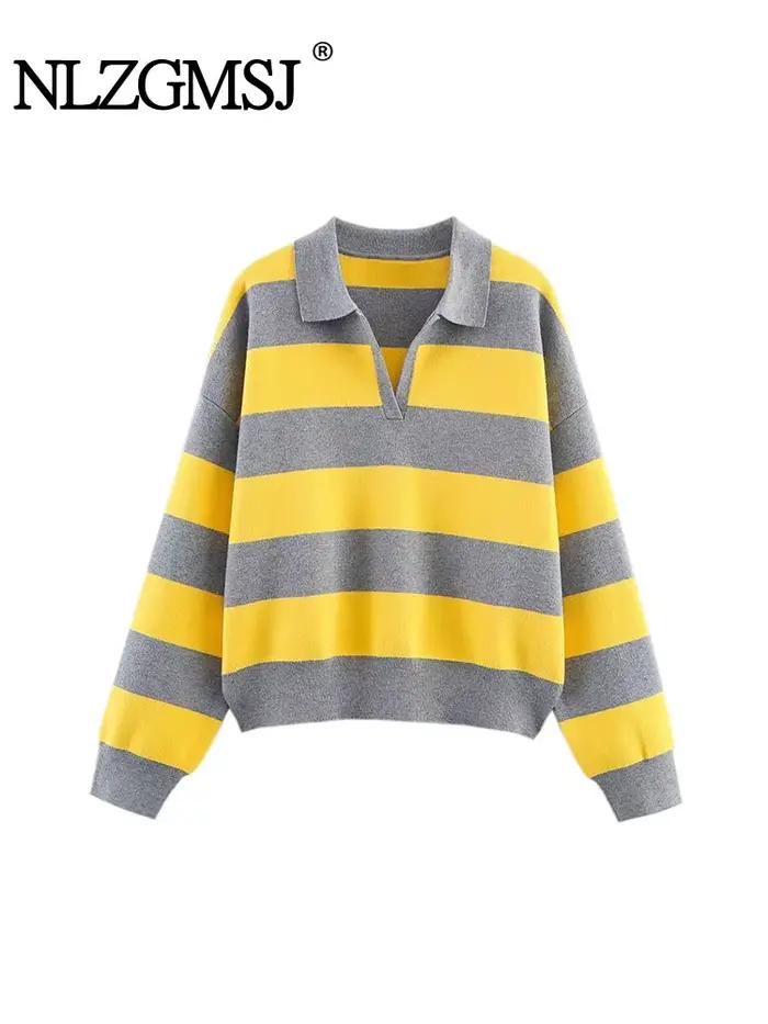 Nlzgmsj 2025 jeseň High Street Chic dámsky pruhovaný pletený sveter s dlhým rukávom Vintage štýl