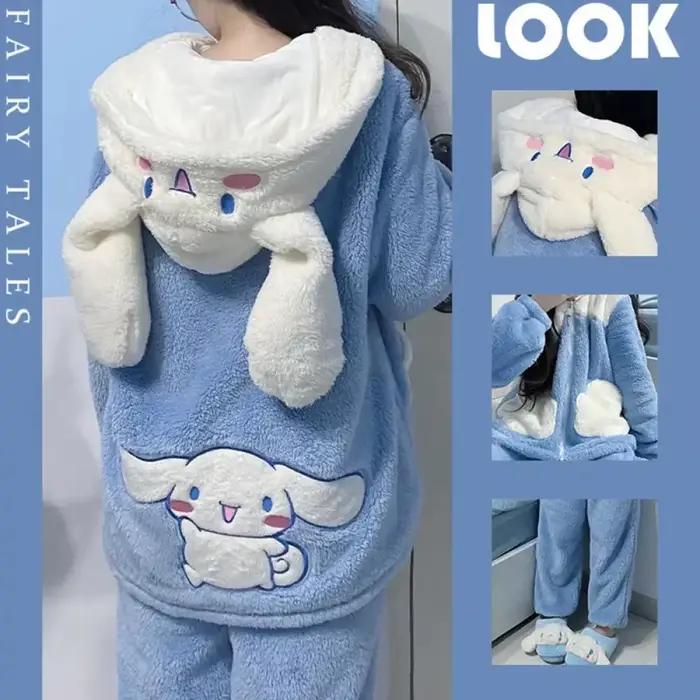 Pyjama en peluche Kawaii Cinnamoroll pour femme, vêtements de maison à capuche, vêtements de dessin animé épaissis, vêtements d'intérieur pour filles, vêtements d'hiver imbibés, 2 pièces