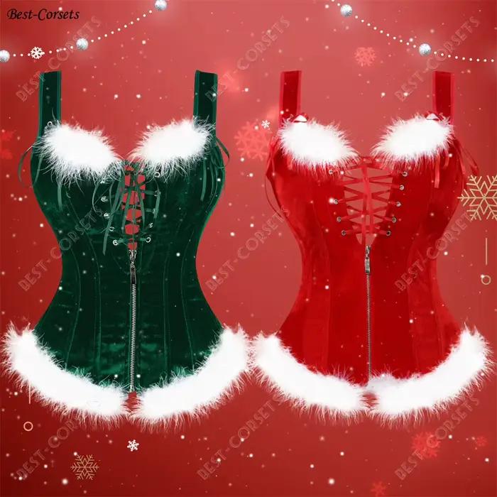 Hauts Corset rouge pour femmes, Corset de noël avec plumes, Costume de père noël, surbuste Sexy de carnaval avec bretelles