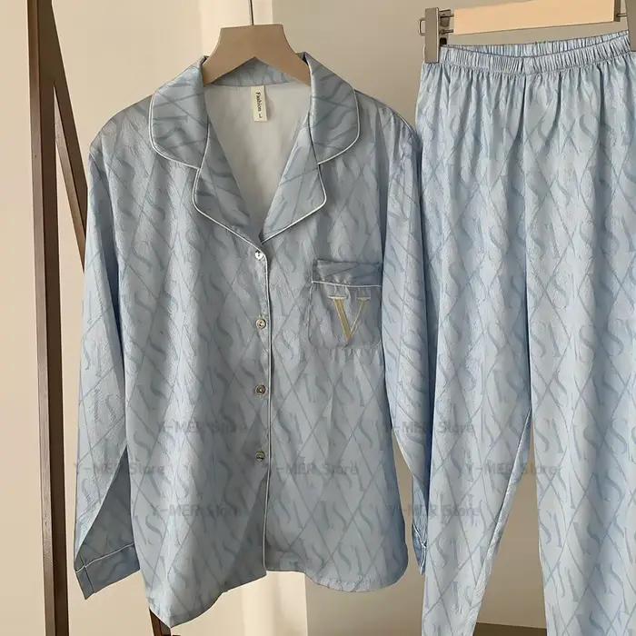 Ensemble pyjama imprimé vert, manches longues, vêtements de nuit pour femmes, luxe, rayonne, vêtements de maison, lettre V, vêtements de détente, 2 pièces