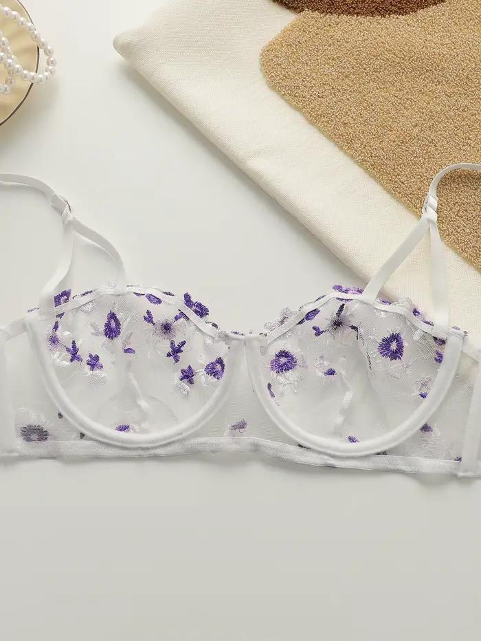 Soutien-gorge brodé de belles fleurs, sous-vêtements sexy transparents avec bretelles réglables MR2956
