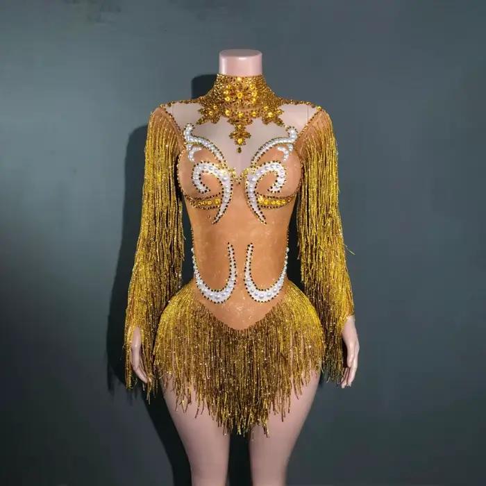 Nouvelle tenue de spectacle de danse pour femmes, costume de fête d'anniversaire, combinaison transparente de luxe grise à franges, strass argentés et perles