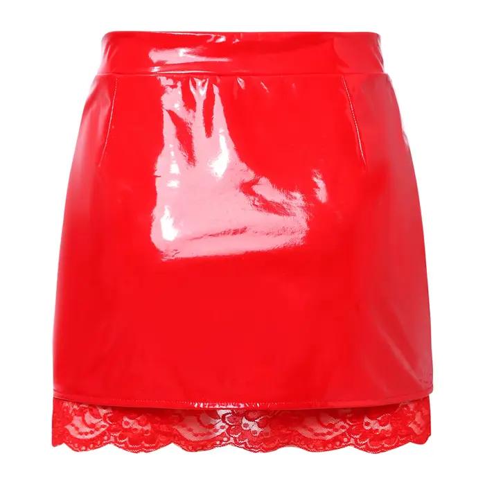 Jupe mini moulante en similicuir PU brillant pour femme, style latex, avec fente, effet mouillé, doublure en dentelle florale, taille haute, à volants, tenue de club