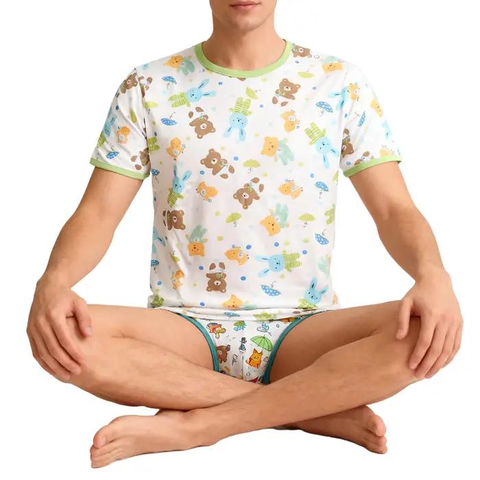 T-shirt mignon pour hommes et femmes, avec boutons-pression sur une épaule, pyjama de maison en pur coton, dessin animé kawaii ABDL