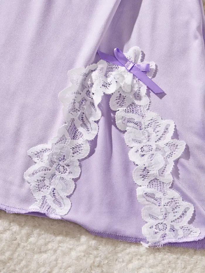Robe de nuit pour femme en dentelle violette claire avec nœud, style babydoll, ensemble de lingerie, tenues pour femmes