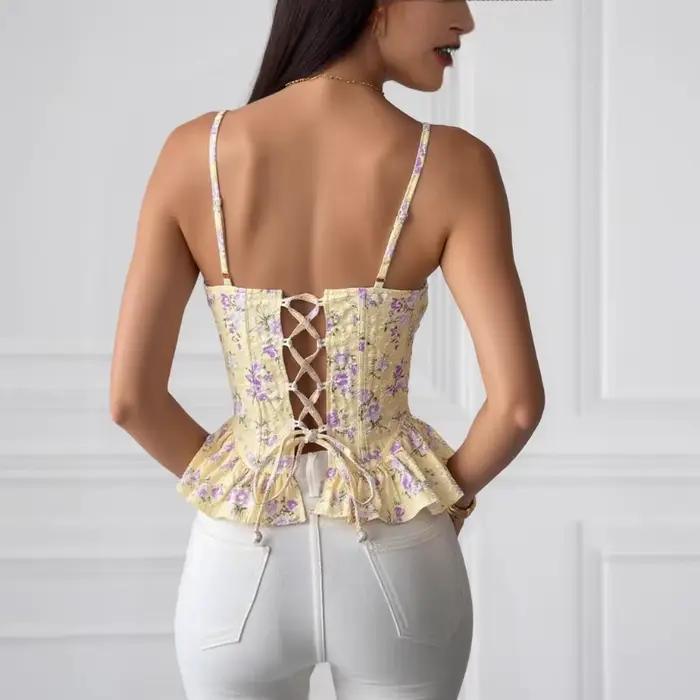 Débardeur corset français imprimé pour femme, à bretelles, coupe irrégulière, style streetwear, sexy, dos nu, à lacets, avec baleines, moulant