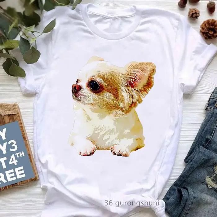 Biele tričko pre ženy s potlačou, Chihuahua, Harajuku, Kawaii