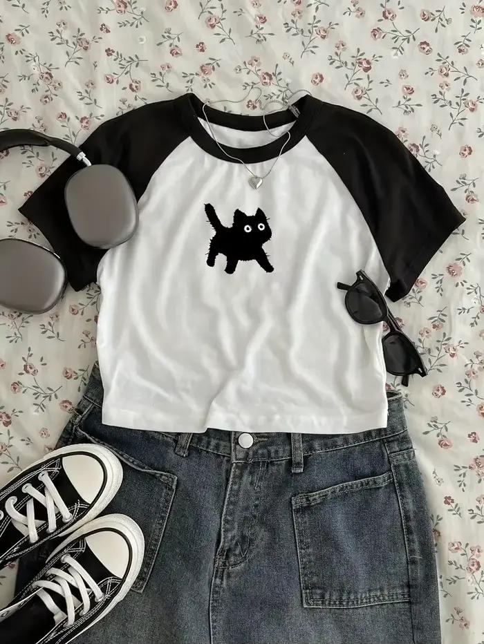 Roztomilá mačka tričko s potlačou krátky strih Sexy crop top krátke rukávy okrúhly výstrih