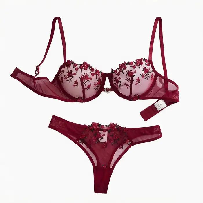 Ensemble de lingerie en dentelle brodée florale de style français rouge bordeaux, soutien-gorge transparent sexy et pur désir, pour la Saint-Valentin ZA824026