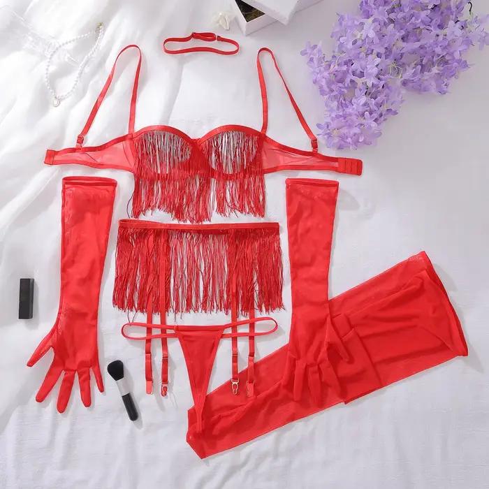 Ensemble de lingerie érotique de luxe pour femmes avec pompons, sous-vêtements sexy, 8 pièces, soutien-gorge et culotte transparents ultra-sensuels avec porte-jarretelles, lingerie intime