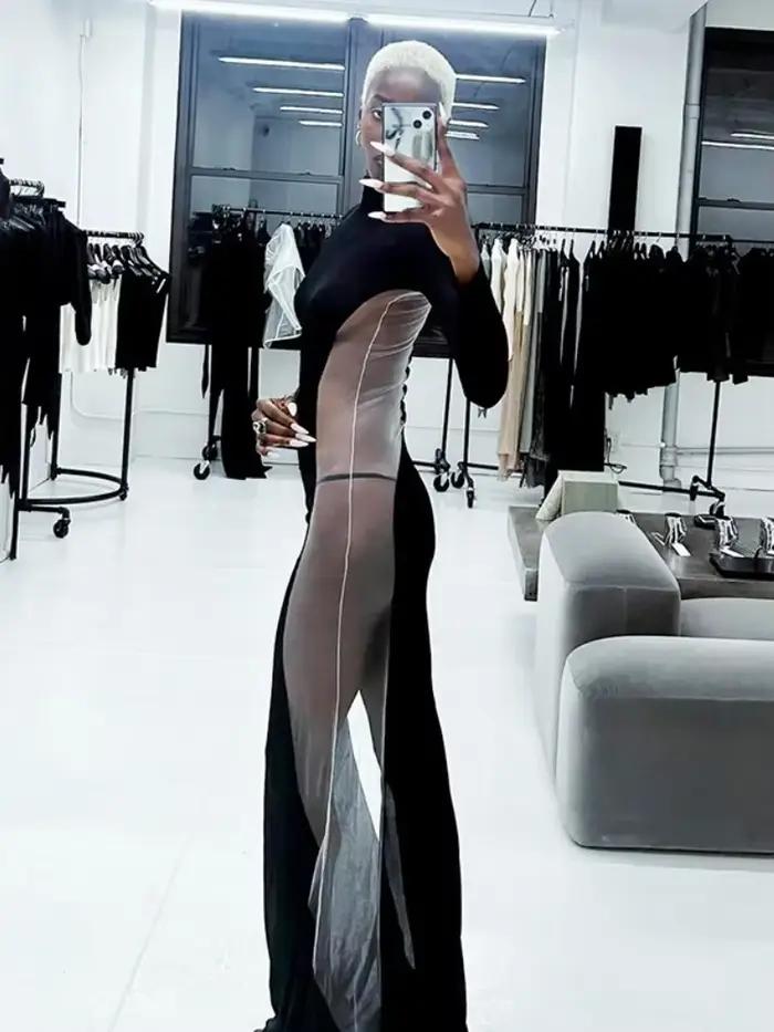 Robes Maxi noires pour femmes, robes transparentes sur le côté, élégantes éducatives, une pièce mince, robe de nuit sexy, tenue de club chaude
