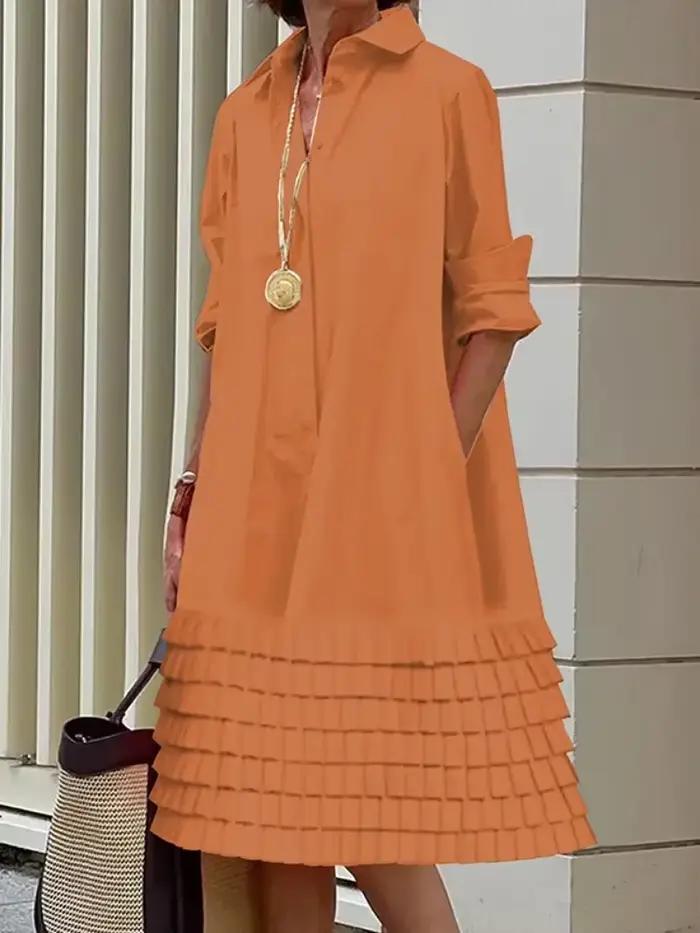 Robe ample polyester élasthanne manches longues col rabattu plissée occasion spéciale printemps été femmes style urbain décontracté