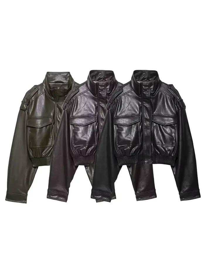 HH Dámska vintage bomber bunda z umelej kože s krátkym strihom