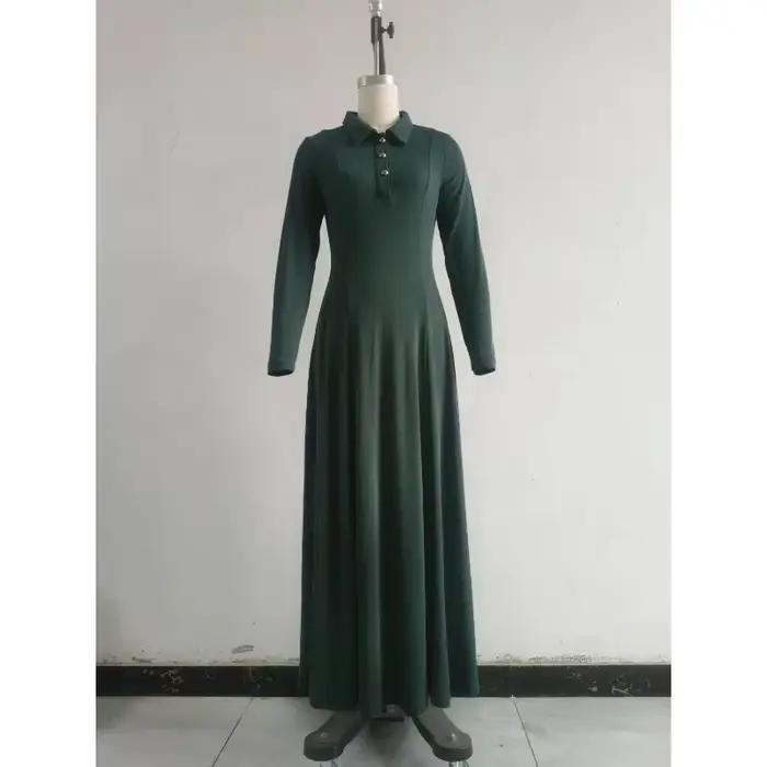 Robe longue élégante pour femme à manches longues, style corset, col polo, taille ajustée, plissée, unie, pour soirée, bureau, mariage