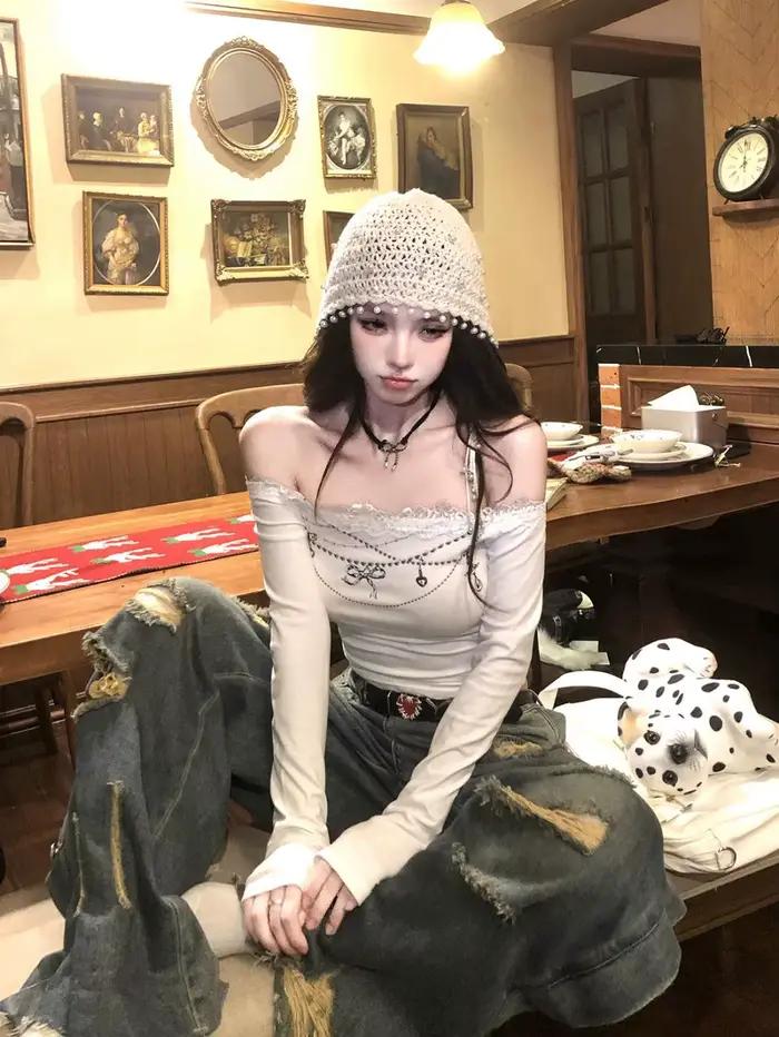 Tonngirls Harajuku potlačené tričko pre ženy štíhle grafické topy čipka Y2k estetika Vintage tričká Streetwear Gru
