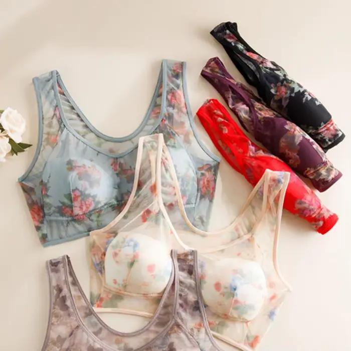 Soutien-gorge imprimé Floral pour femmes d'âge moyen, maille fine, large bandoulière, sans fil, Anti-accroc, Push Up, sans couture, pour mère