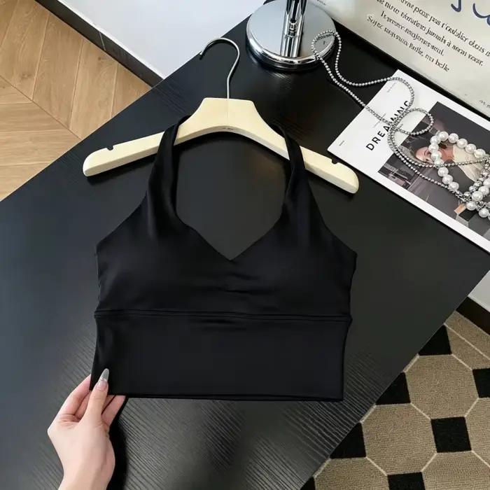 Soutien-gorge de yoga dos nu à col en V profond pour femme, en tissu soyeux et lisse, haut de sport tendance