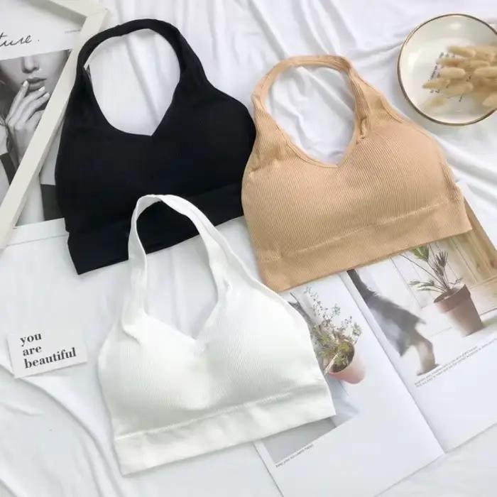 Soutien-gorge sexy dos nu à bretelles pour femme, sans armatures, style sport, haut court uni, anti-choc, lingerie