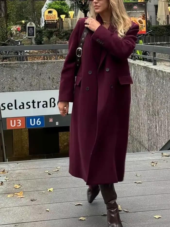 HH Dámsky módny bordový kabát s dvojitým zapínaním