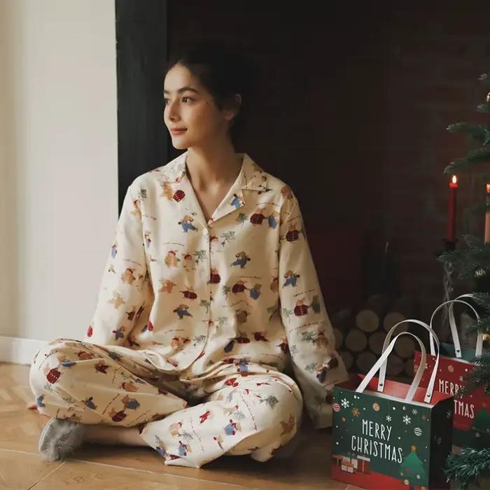 Ensemble pyjama confortable imprimé ours pour femmes, pyjama de noël en coton doux, mignon, vêtements de nuit de vacances, manches longues, vêtements de détente, cadeau pour petite amie