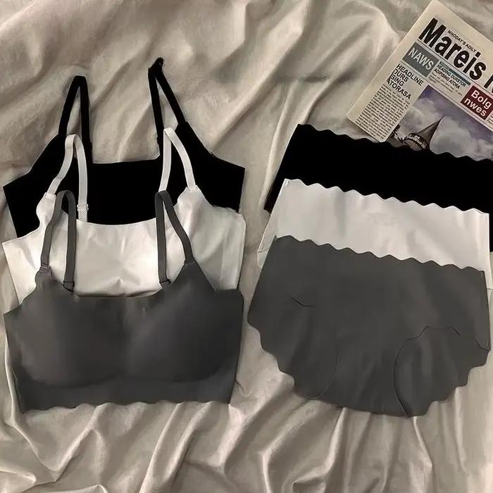 Ensemble soutien-gorge et culotte sans couture à bord festonné pour femmes, ensemble de lingerie confortable sans fil gris noir blanc respectueux de la peau