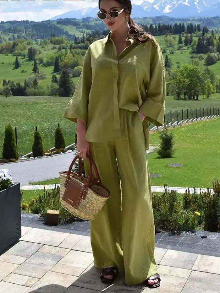 Ensemble pantalon et blouse HH pour femme, style high street, printemps et été, élégant et confortable pour le bureau et les occasions sociales