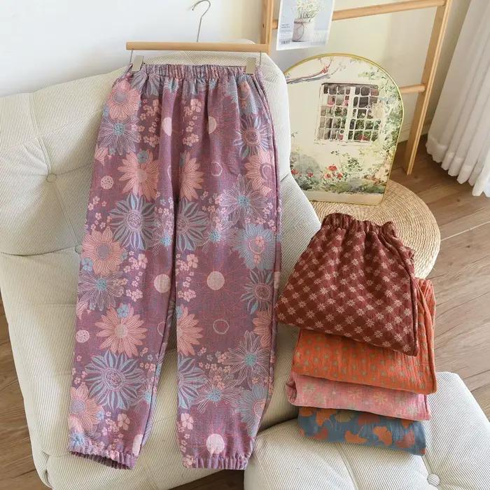 Pyjama d'hiver en crêpe 100% coton pour femme, pantalon grande taille 2XL, confortable, ample, grande feuille, pantalon de maison, bas fin, automne
