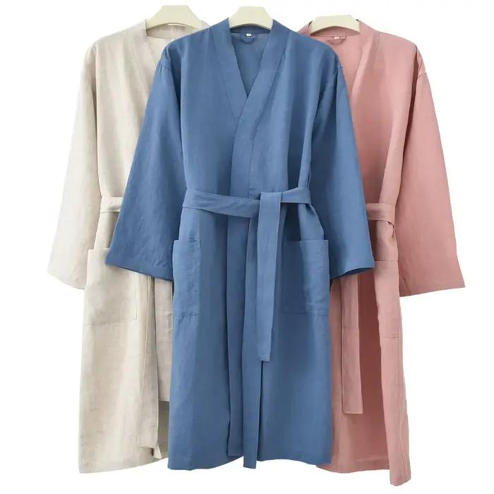 30% ľan 70% Tencel Kimono župan Šaty pre ženy a mužov nočná košeľa voľné nočné oblečenie Homewear jednofarebné