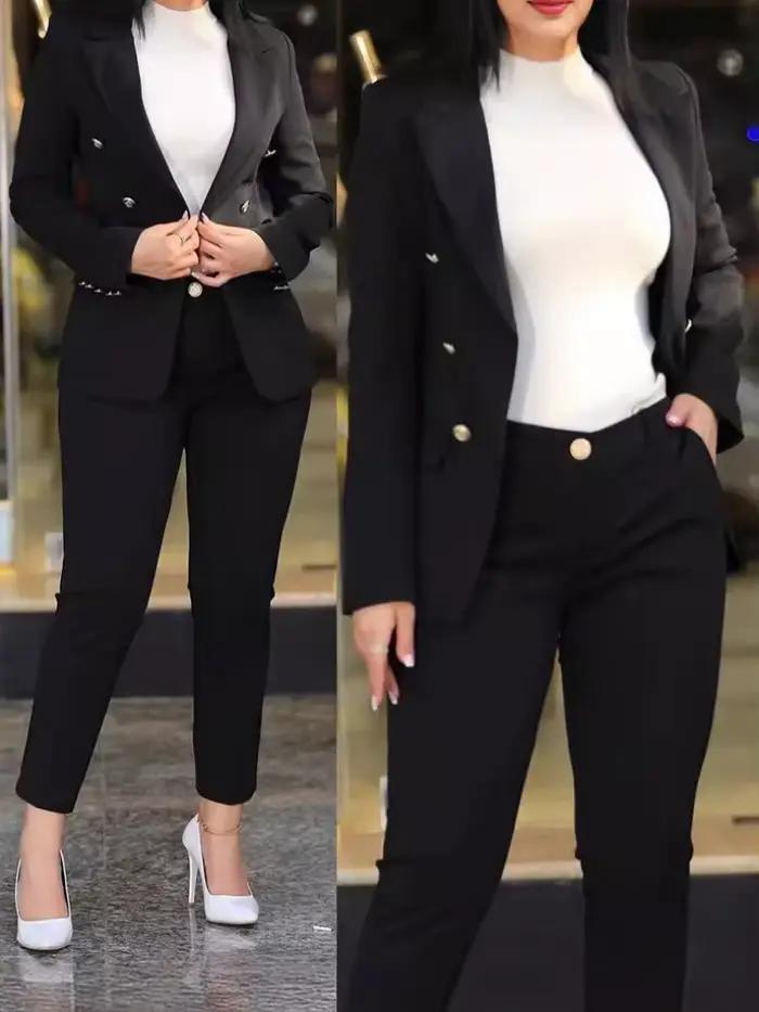 Ensemble deux pièces pour femme, veste boutonnée et pantalon longueur cheville, style formel et élégant pour toutes les saisons