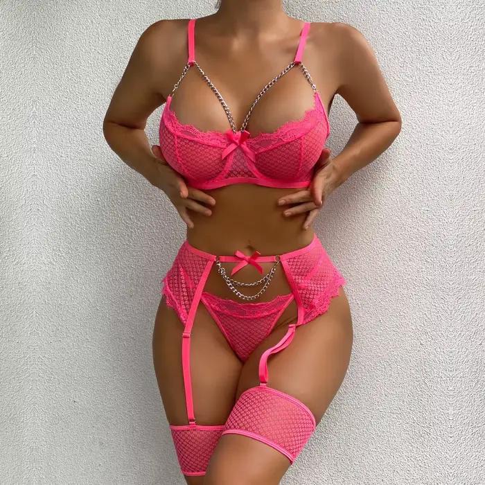 Ensemble de lingerie sexy en dentelle, sous-vêtements séduisants, ensemble de soutien-gorge sexy romantique avec bas, lingerie féminine, costumes érotiques délicats