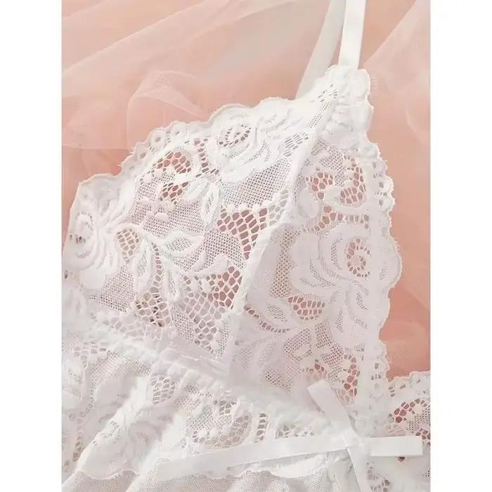 Ensemble de Lingerie en dentelle pour femmes, nuisette transparente, chemise de nuit avec culotte, vêtements de nuit Sexy en dentelle, ensemble pyjama pour femmes