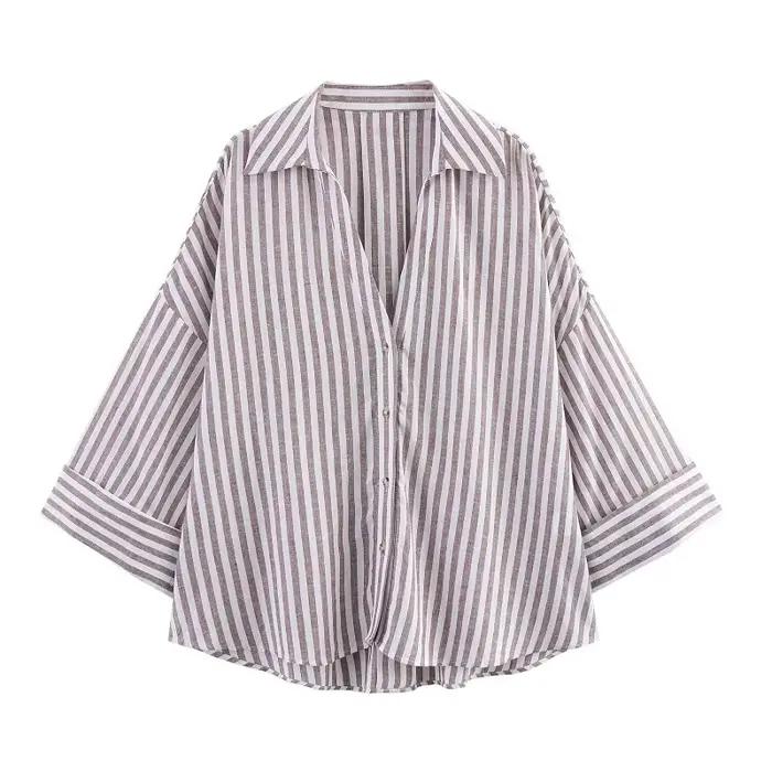 Chemise Mujer décontractée rayée polyester pour femmes été plage style élégant confortable ajustement ample occasions spéciales
