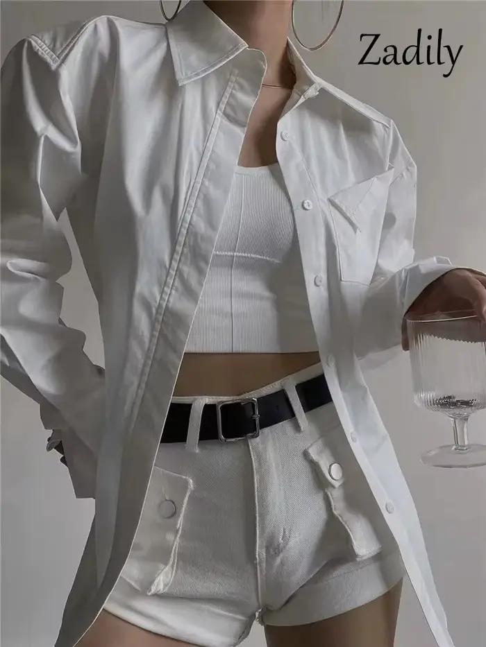 Zadily jeseň 2025 nové streetwearové dlhé rukávy biela košeľa pre ženy minimalistické vrecko gombíková dámska tunika