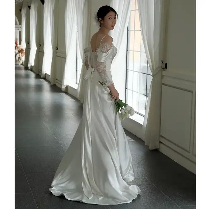 Robe de Mariée en Satin à Bretelles de Style Français, Tenue en Dentelle Traînante Simple, Nouveauté