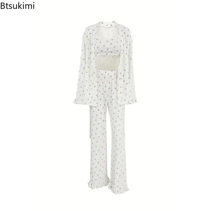 Ensemble pyjama 3 pièces décontracté pour femmes, vêtements de nuit imprimés pour amoureux, bretelles Spaghetti, à volants, avec ceinture, taille haute, 2026