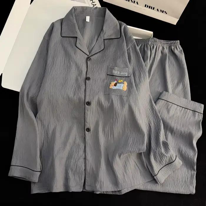 Ensemble pyjama pour femmes, Cardigan en coton fin, pantalon à manches longues, dessin animé teckel, vêtements de maison, vêtements de nuit pour femmes, printemps et automne