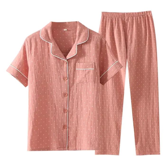 Ensemble pyjama en gaze 100% coton doux pour femmes, vêtements de nuit d'été respirants à pois, 2 pièces, vêtements de maison confortables