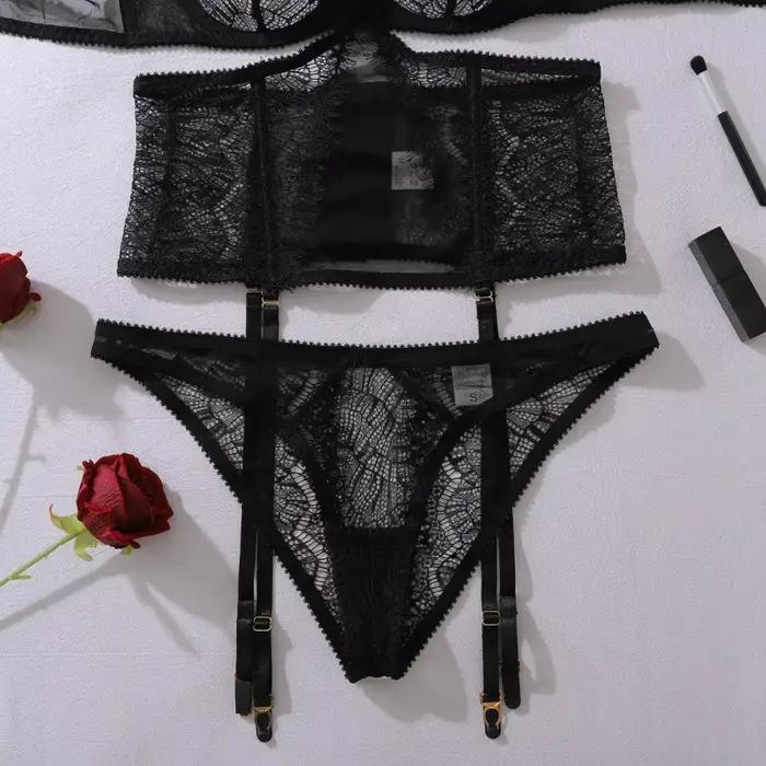 Ensembles de Lingerie érotique et Sexy, dentelle de cils exquise, col suspendu, Perspective, Corset façonnant le corps, sous-vêtements Sexy, ensemble trois pièces
