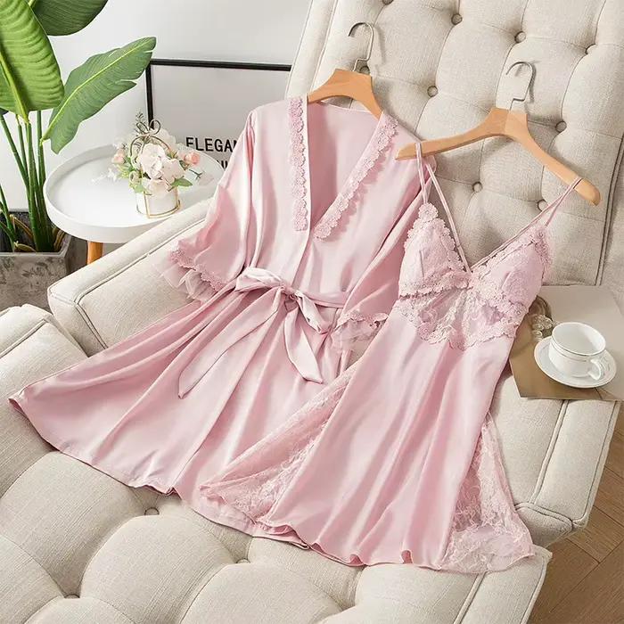 2 pièces Kimono Robe ensemble femmes Satin vêtements de nuit chemise de nuit Sexy décontracté vêtements de maison Lingerie intime dentelle peignoir Robe