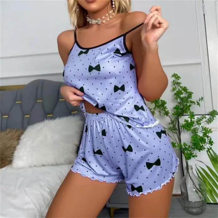 Ensemble pyjama pour femmes, T-Shirts et shorts, T-Shirt rose imprimé en forme de cœur, col rond, haut en soie glacée, confortable et décontracté, été 