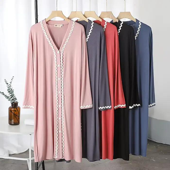 Vêtements de nuit en coton modal à manches longues et col en V pour femmes, robe de nuit en dentelle douce, chemise de nuit décontractée, vêtements de maison, printemps, automne