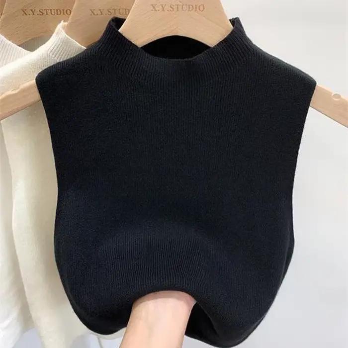 Dámske tričko bez rukávov jednofarebné pletené crop top camisole polovičný rolák jar jeseň