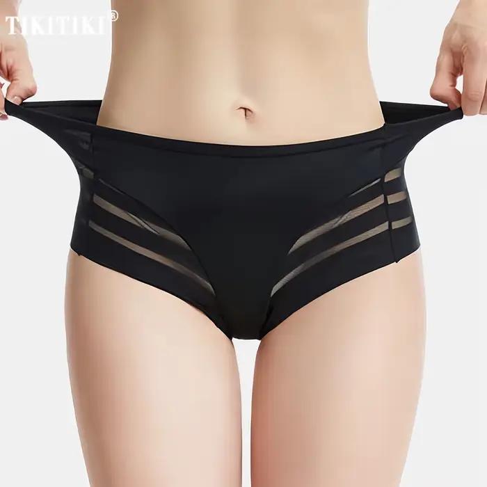 Slip taille moyenne pour femmes, culotte sans couture, maille transparente, haute élasticité, contrôle du ventre, sous-vêtements en soie glacée, Lingerie Sexy