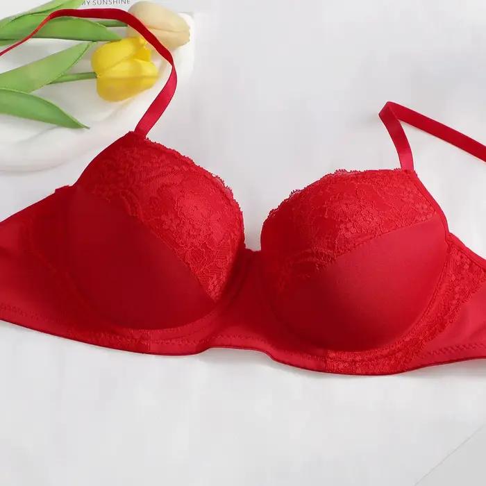 Soutien-gorge push-up sexy en dentelle rouge avec armatures, bonnets rembourrés, bretelles réglables et fermeture dorsale pour femme – Lingerie confortable au quotidien