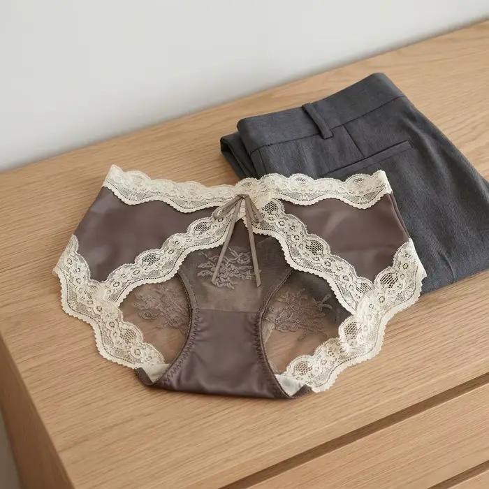 Culottes en satin à taille mi-haute style français avec dentelle, culottes transparentes à nœud en maille douce, patchwork invisible pour filles