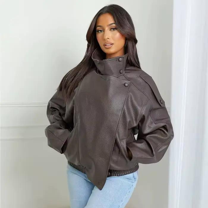 MUJER Umelá koža Bomber bunda pre ženy módna vetrovka teplá zimná dámska