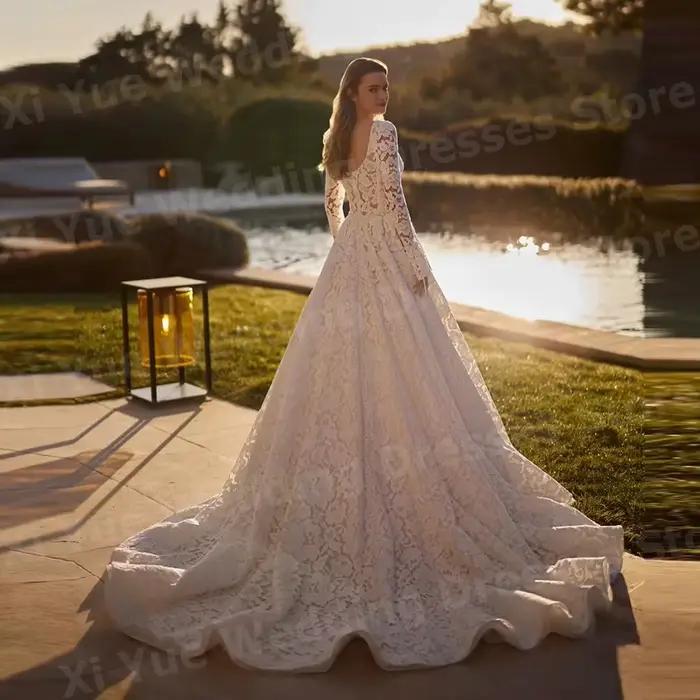 Robes de mariée luxueuses en dentelle à manches longues avec perles, style A-line, pour femmes, robes de mariée personnalisées, Robe De Mariée