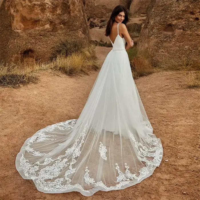 Combinaison de Mariage 2 en 1 avec Poignées, Jupe Amovible, Deux Pièces, Robes de Patients, Pantalon Trempé pour Femme, Dentelle, Tulle, Col en V, Train Personnalisé