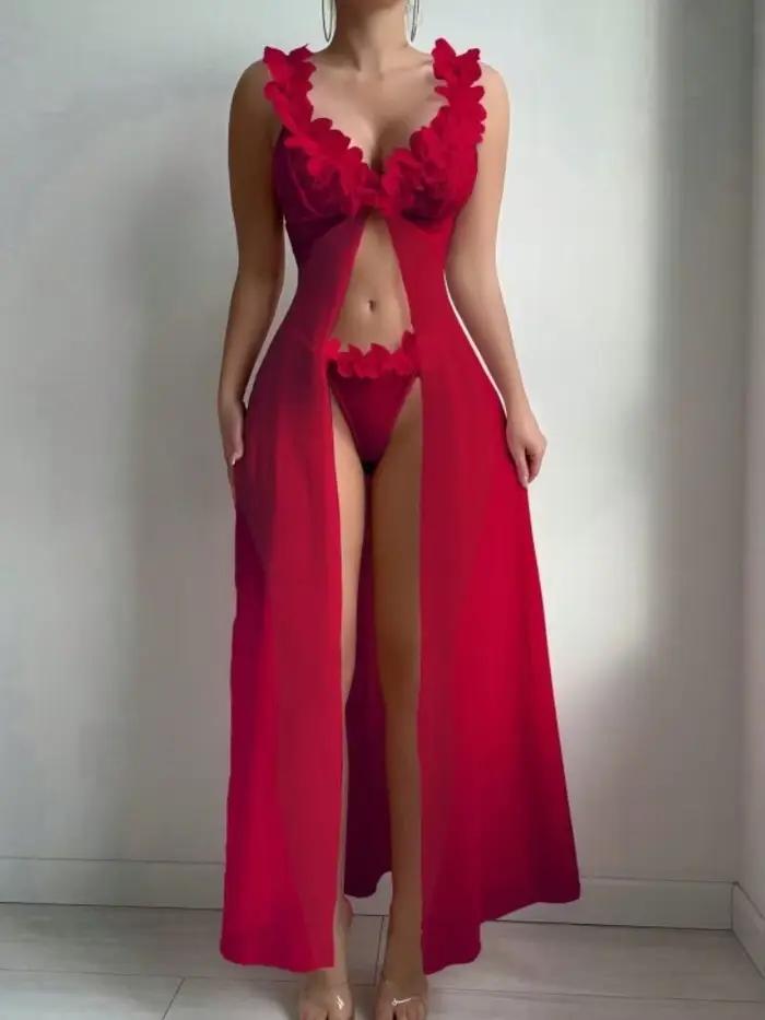 Robe de lingerie sexy florale rose pour femmes, nuisettes exotiques, babydolls, chemises de nuit, robe de nuit profondément décolletée en dentelle et maille transparente