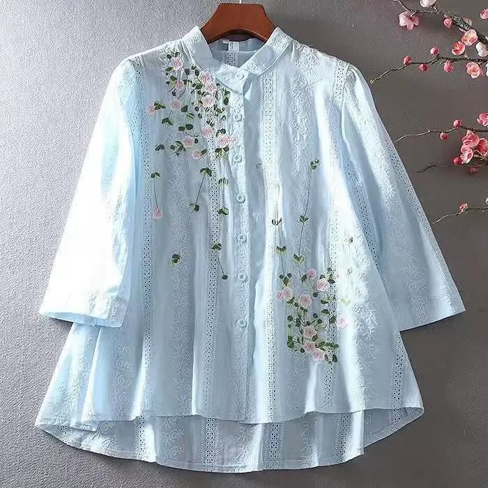 Chemise en dentelle rétro pour femme, haut brodé adt, simple boutonnage, manches 2025, chemisier à fleurs décontracté, printemps, été, 3/4